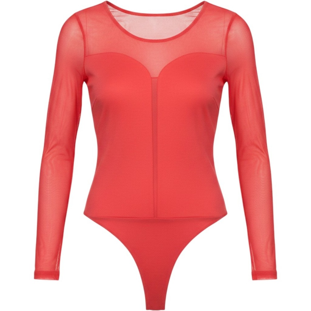 Ambiance Apparel Red Mesh Sheer Long Sleeve Bodysuit Sweetheart Neck 67224 Large